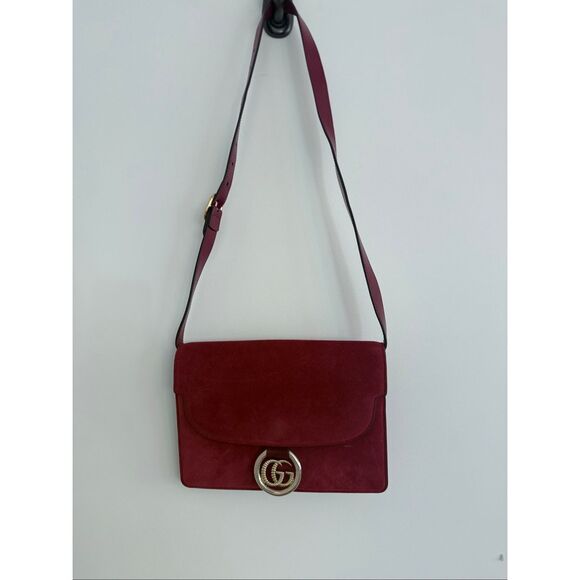 Gucci Logo Suede Flap GG Ring Logo Torchon Crossbody Bag Red Women's OS - Picture 1 of 13